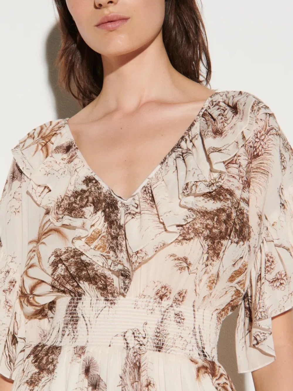 Sandro Ruffled Printed Gauze Midi Dress NWT Ecru FR 36 US 4 Toile Print - Picture 3 of 13